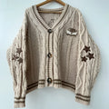 Women Autumn Cotton Star Embroidery Khaki Knitted Cardigans V Neck Aesthetic Retro Single Breasted Sweaters Y2k Beige Tops