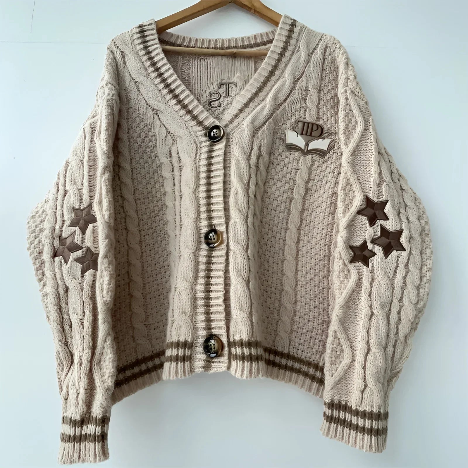 Women Autumn Cotton Star Embroidery Khaki Knitted Cardigans V Neck Aesthetic Retro Single Breasted Sweaters Y2k Beige Tops