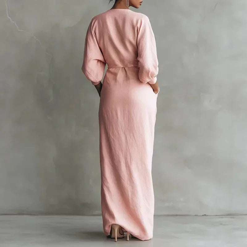 Women's Sexy V Neck Wrap Waist Long Dresses 2026 Spring Casual Solid Slim Bodycon Hips Dress Elegant Long Sleeve Slit Maxi Dress
