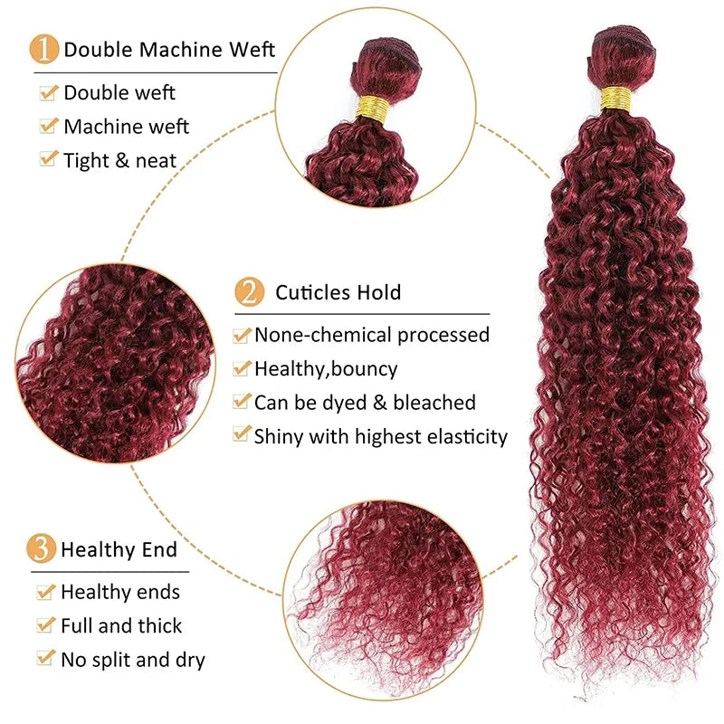 99J Burgundy Kinky Curly Bundles Human Hair 1/3/4 Bundles Burmese Remy Human Hair Extensions 8-32 Inch For Women