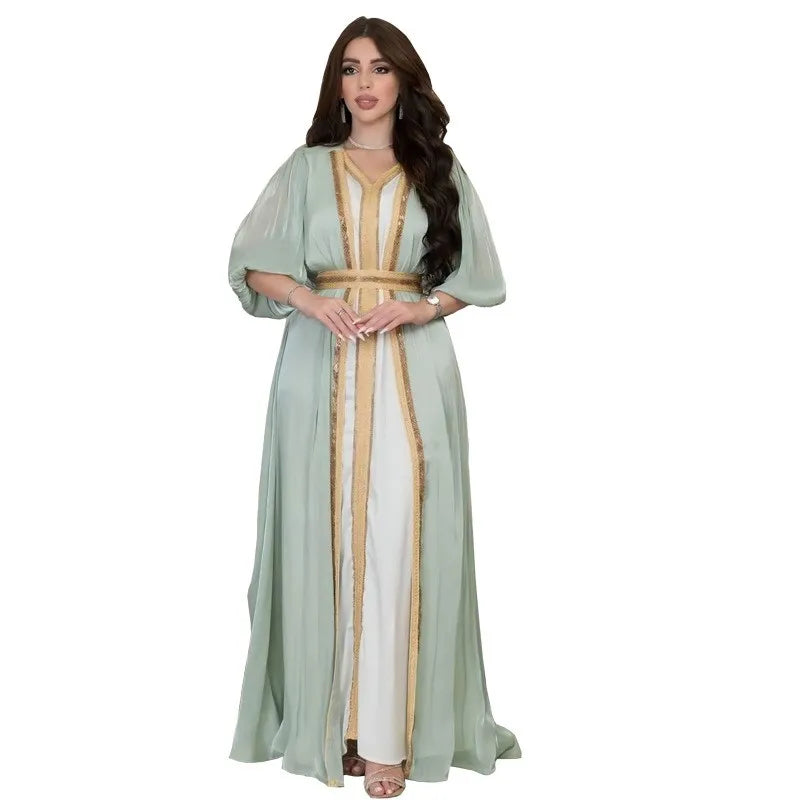 Lavender Sequin Dress V Neck Puffed Sleeves Satin Dresses Belted Waist Floor Length Gown Gold Trim Embroidered Trim Evening