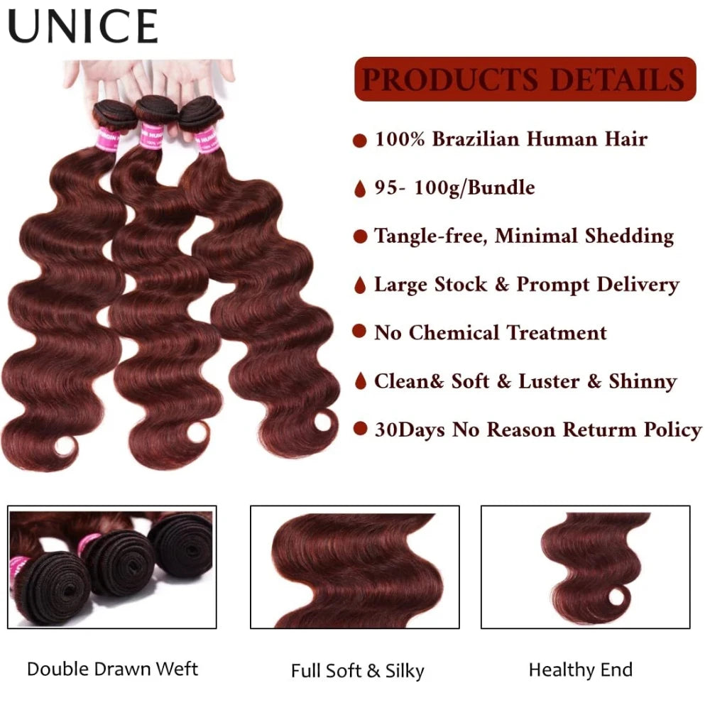 UNice Hair Reddish Brown Body Wave Bundles 1/3/4 PCS Deal 100% Human Hair Bundles Sew In Weaves 100Grams Per Bundle Hair Extensions 10-26 Inch