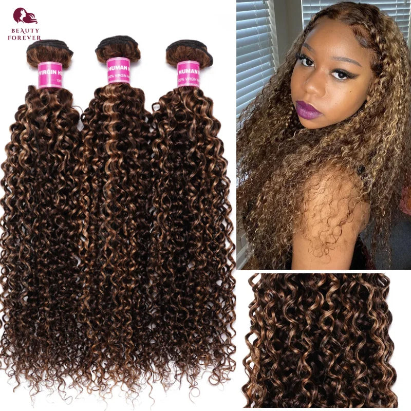 Beauty Forever Highlights Bundles Human Hair #33B Reddish Brown Curly Human Hair Weaves 3 Bundles Colored Hair Weaves for Women
