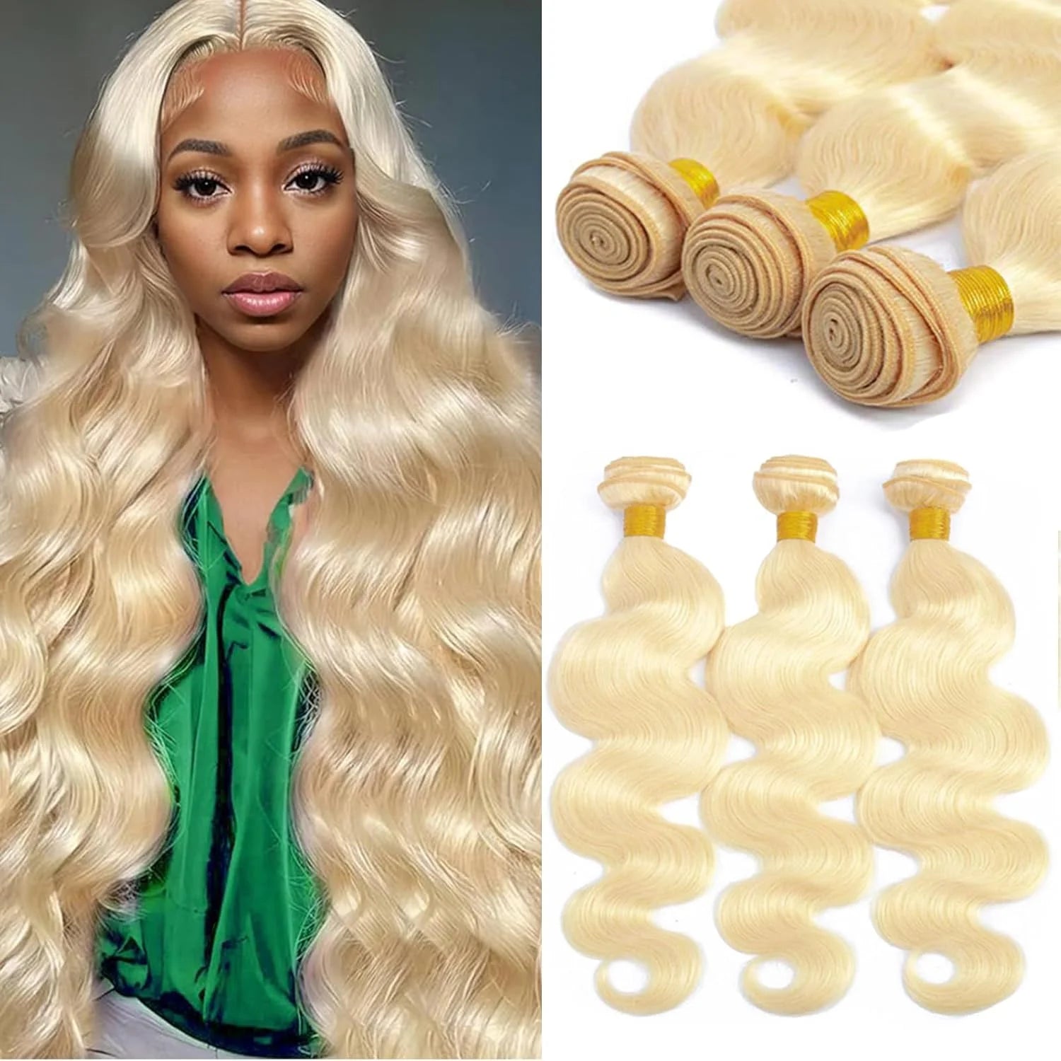 Body Wave Human Hair Blonde Bundles 10A Grade 100% Brazilian Human Hair Color #613 Body Wave 22" Light Blonde Color Body Wave
