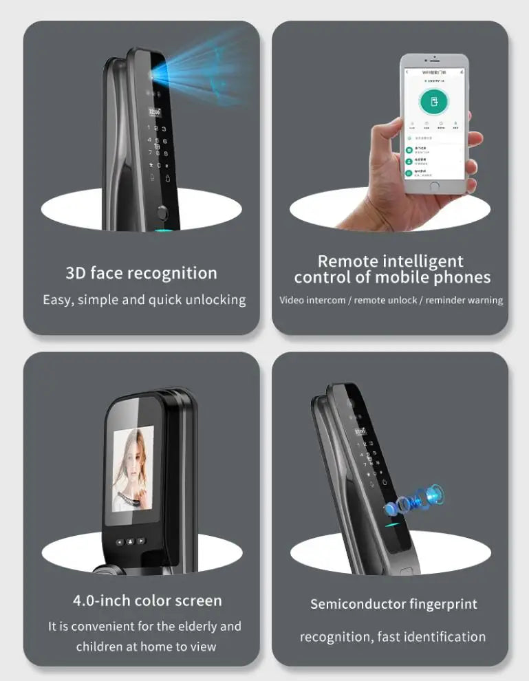 Tuya Fully Automatic Smart Door Lock with 3D Face & Fingerprint Recognition Security for Aluminum & Wood Doors Wifi Connected