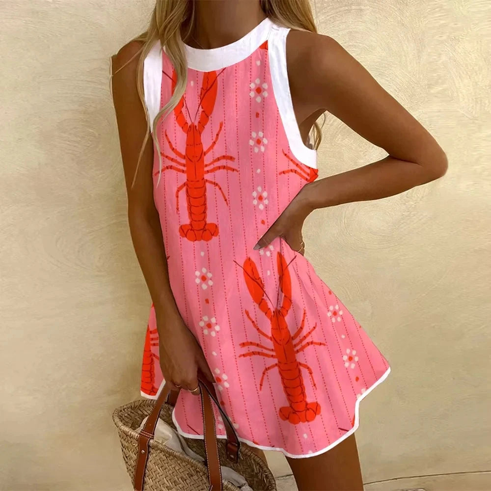 Women's Pineapple Print Sleeveless Dress - Casual Beach Vacation Party Dress for Summer