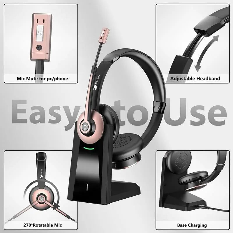 Wireless Headset with Mic, Noise Canceling & Mute, USB Dongle, Charge Dock for PC Phone Office