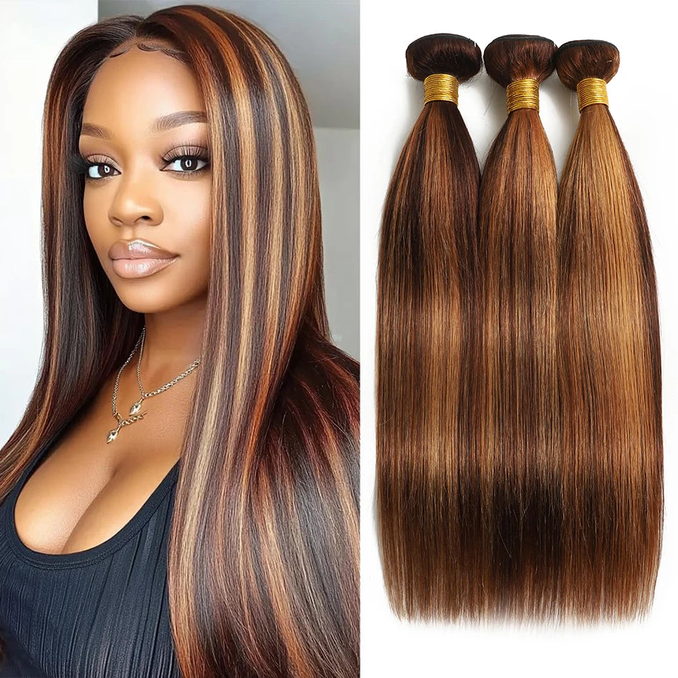 Piano Color Brown Silky Straight Bundles Human Hair Unprocessed Brazilian Virgin Hair Highlight Bone Straight Hair 3/4 Bundles