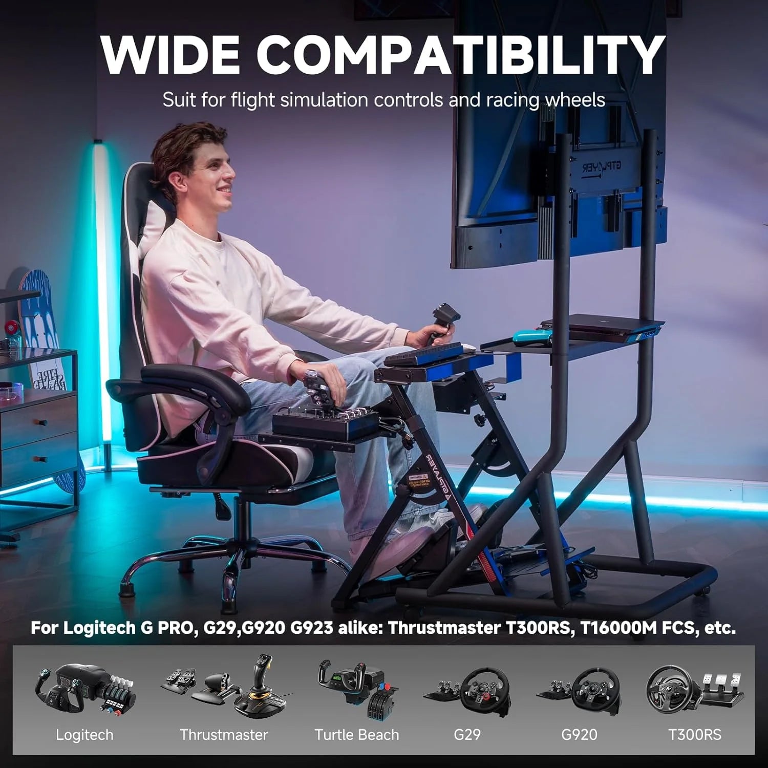 GTPLAYER Flight & Racing Simulator Stand, Foldable Gaming Cockpit Compatible with Logitech, Thrustmaster, PXN Wheels & Flight Joysticks, Black