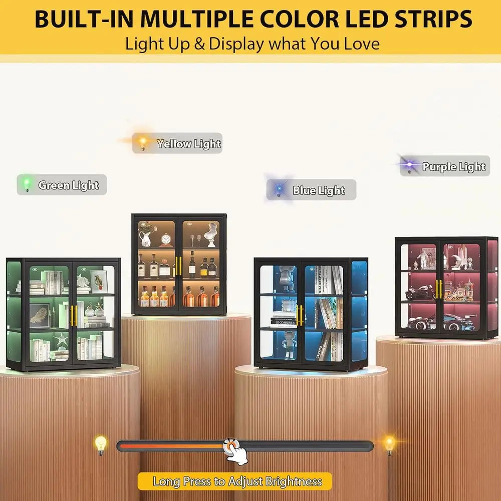34 Tall Glass Door Display Cabinet with Adjustable Shelves and LED Lights for Living Room