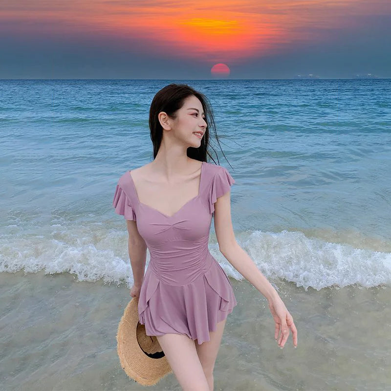 Modest Tankini Dress Swimwear Female Ruffle Hem Full Coverage Swimdress Vintage Floral Print Pool Party Vacation Outfits