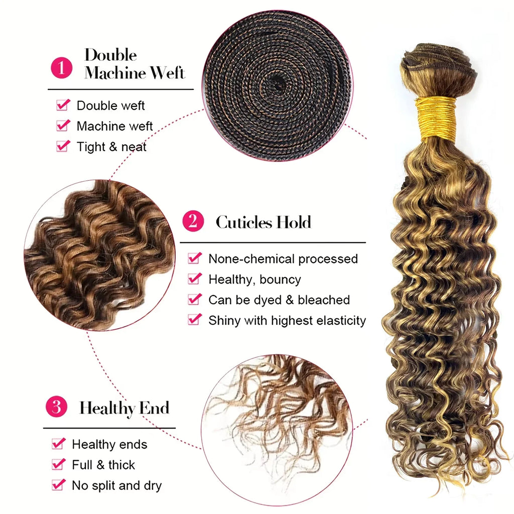 Honey Blonde Deep Curly Bundles Color #427 Highlight Deep Wave Hair Bundles 100% Human Hair Weave For Extension 1/3 Bundle Deals