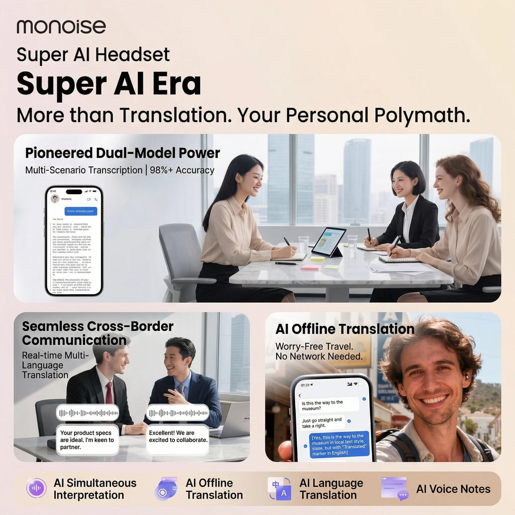 Monoise P-G2 AI Smart Earbuds Wireless Bluetooth Open Ear Earphones Meeting Recording Speech to Text 115 Languages Translator