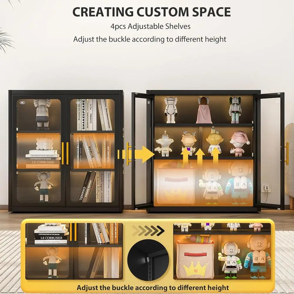 34 Tall Glass Door Display Cabinet with Adjustable Shelves and LED Lights for Living Room