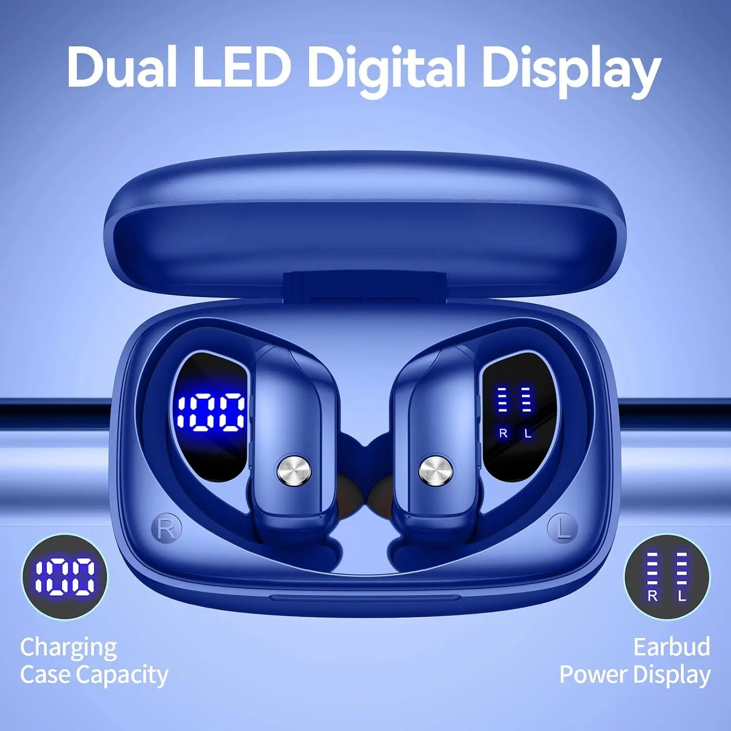 Wireless Earbuds with 80H Playtime LED Display Case, Over-Ear Hook, Stereo Sound, Easy Button Controls, Sports Earphones for Running Workout Gym Blue
