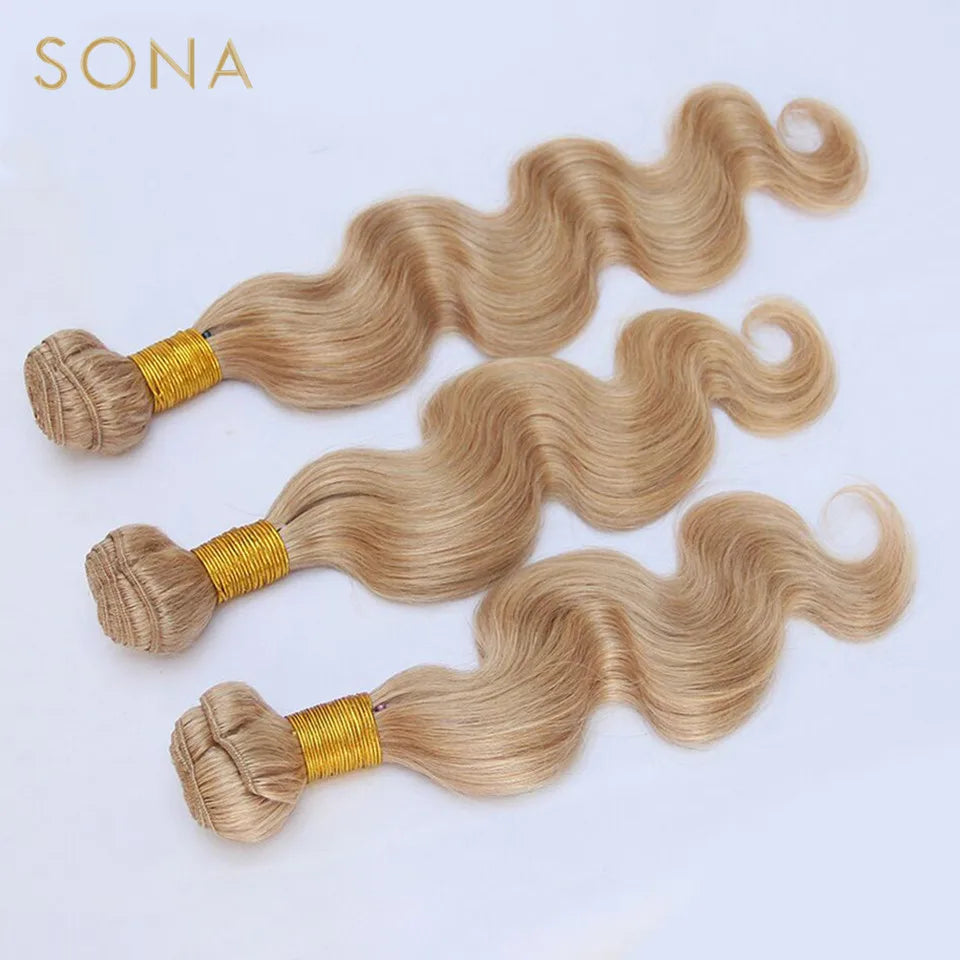 #27 Honey Blonde Hair Weave Bundles Brazilian Body Wave 100% Remy Human Hair Weave 3 Bundles With Frontal And Closure