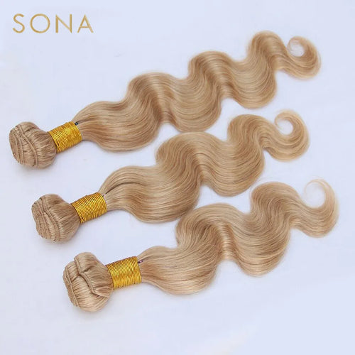 #27 Honey Blonde Hair Weave Bundles Brazilian Body Wave 100% Remy Human Hair Weave 3 Bundles With Frontal And Closure