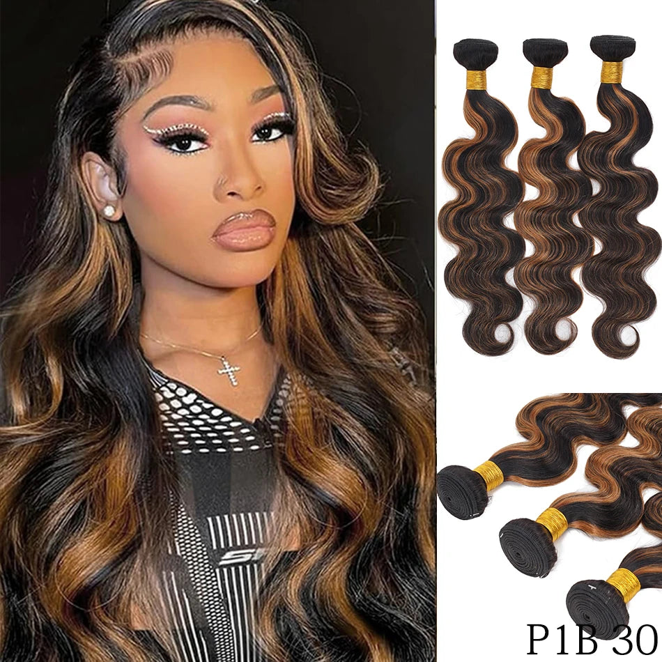 Raw Indian Virgin Hair Brown Highlight Body Wave Human Hair Weave 3 Bundles Ombre Blonde Bouncy Loose Wavy Sew in Piano Color