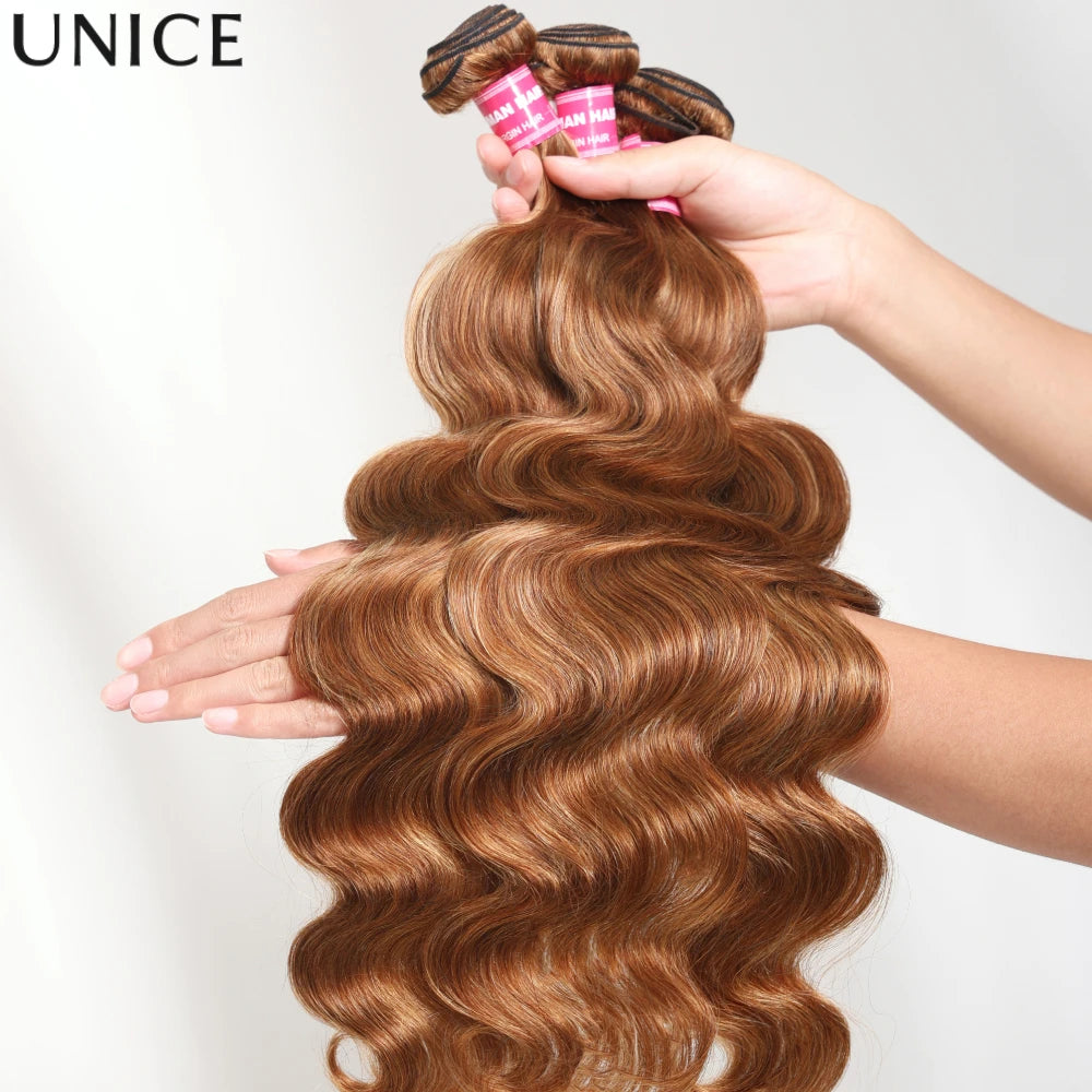 UNice Brown Blonde Highlight Body Wave Bundles 1/3/4 Bundles 100% Human Hair Bundles 100Grams Per Bundle Sew In Extensions
