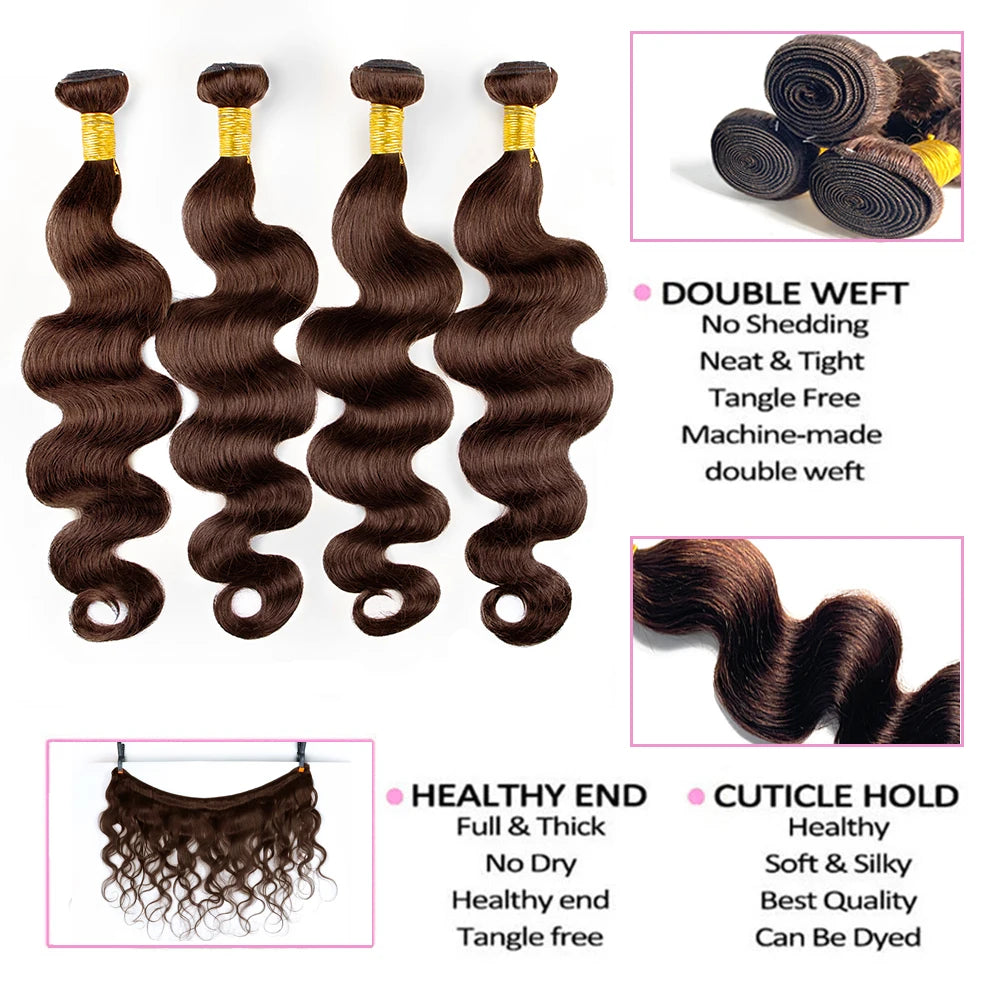 Chocolate Brown Human Hair Bundles Hair Extensions 30 Inch For Woman Body Wave Weave Peruvian Raw Human Hair Bundle #4 Color