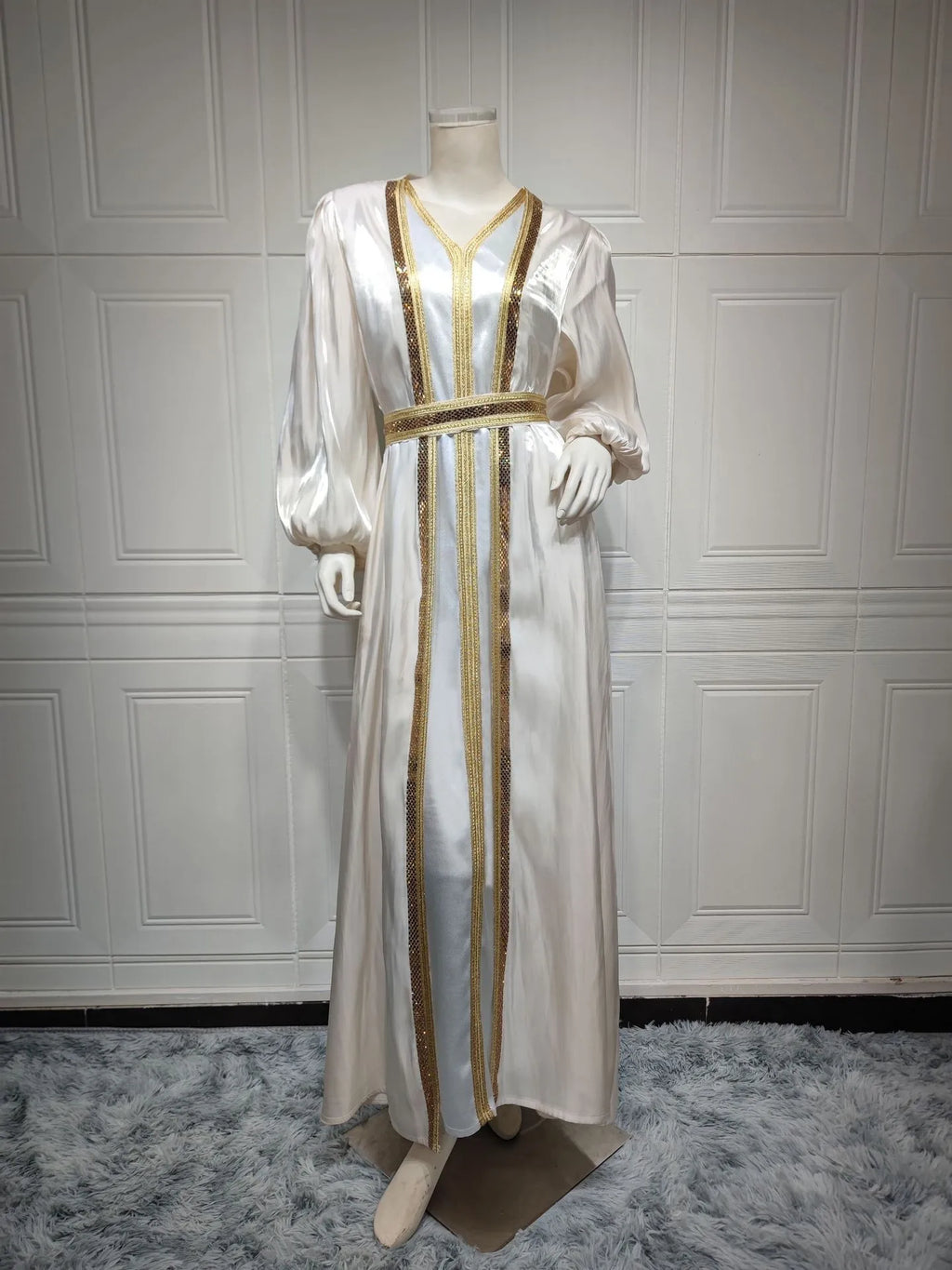Lavender Sequin Dress V Neck Puffed Sleeves Satin Dresses Belted Waist Floor Length Gown Gold Trim Embroidered Trim Evening