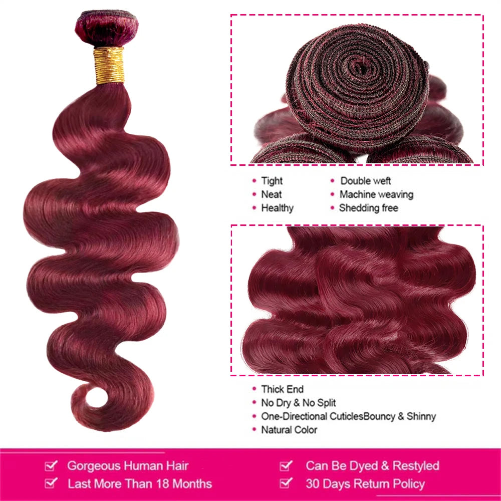 99J Burgundy Bundles 100% Human Hair Body Wave Bundles 26 28 30 Inch Wine Red Body Wave Bundle Human Hair Extensions Virgin Hair