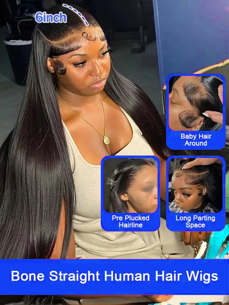Transparent 13x6 HD Lace Front Human Hair Wigs PrePlucked For Women on Clearance Sale High 300 Density 40 Inch Bone Straight 13x4 HD Lace Front Human Hair Wig Invisible Breathable Swiss Lace Frontal Glueless Wigs For Women