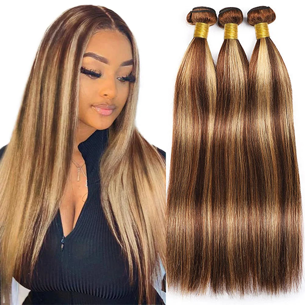Highlight  P4/27 Straight Bundles Human Hair For Women Brown Blonde Hair Bundles Deal Colored Human Hair Weave Bundles Extension