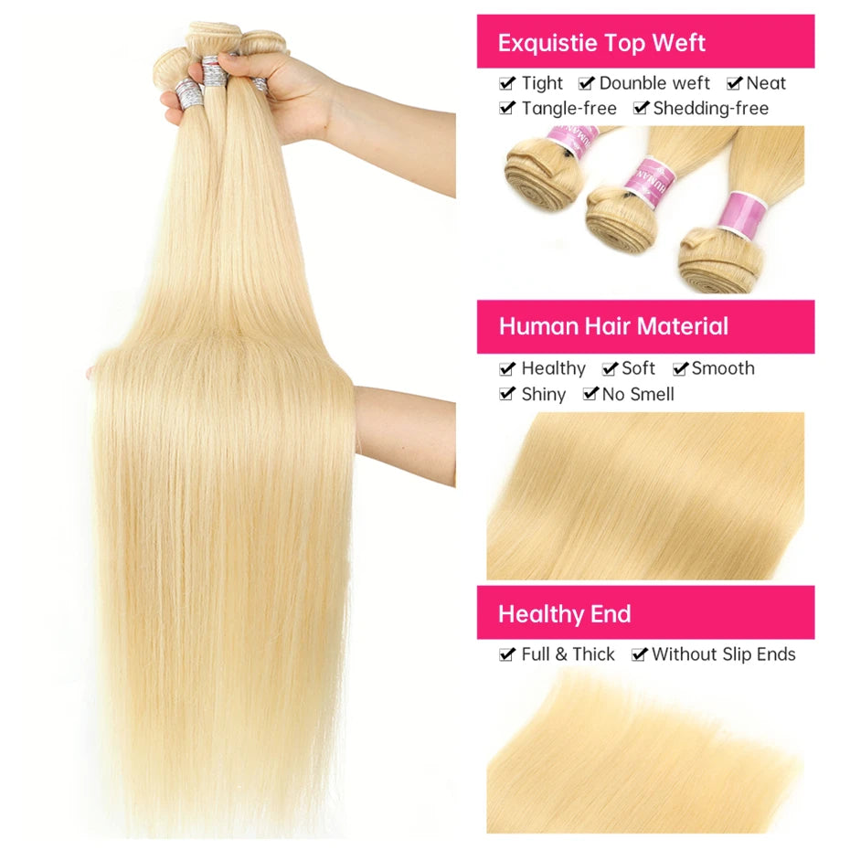 Bone Straight 1 3 4 Bundles Brazilian Unprocessed Human Hair Extensions 613 Honey Blonde Double Weft Bundles Deal 30 32 34 36 38 inch