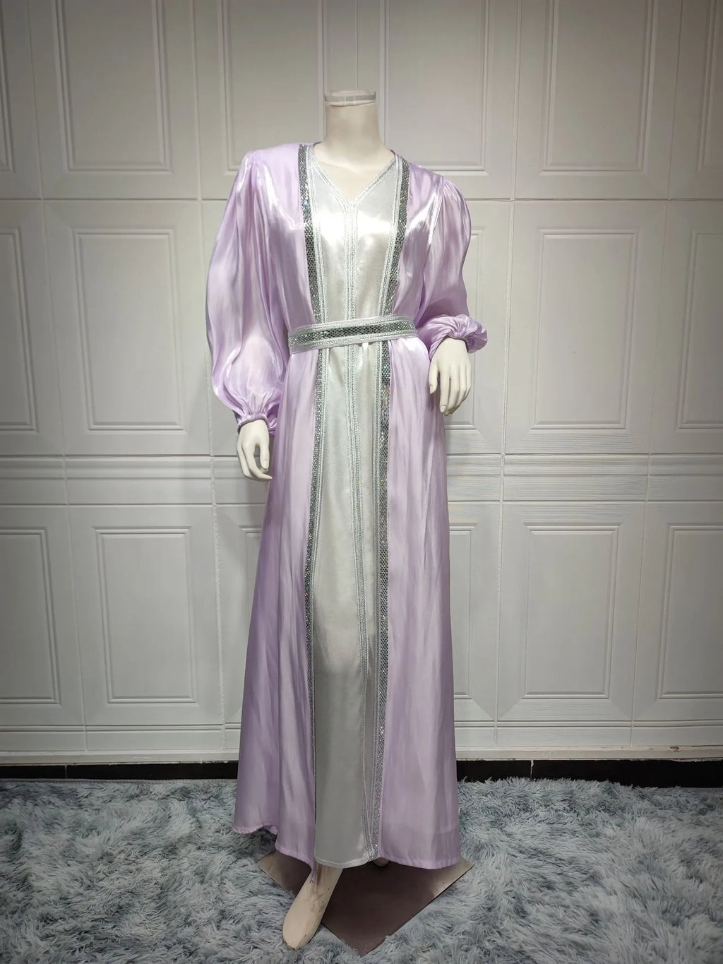 Lavender Sequin Dress V Neck Puffed Sleeves Satin Dresses Belted Waist Floor Length Gown Gold Trim Embroidered Trim Evening