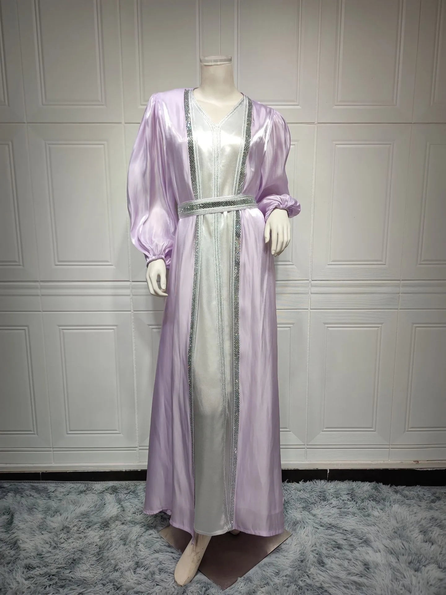 Lavender Sequin Dress V Neck Puffed Sleeves Satin Dresses Belted Waist Floor Length Gown Gold Trim Embroidered Trim Evening