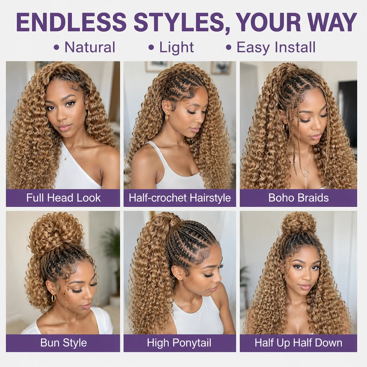 #27 Highlight Honey Blonde Deep Wave  Crochet Human Hair Extensions Pre Separated Miracle Knots Invisible Knotless Feather Crochet Braids Human Hair Bulk Hair For Braiding
