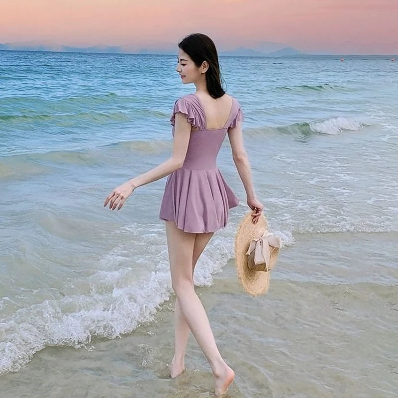 Modest Tankini Dress Swimwear Female Ruffle Hem Full Coverage Swimdress Vintage Floral Print Pool Party Vacation Outfits