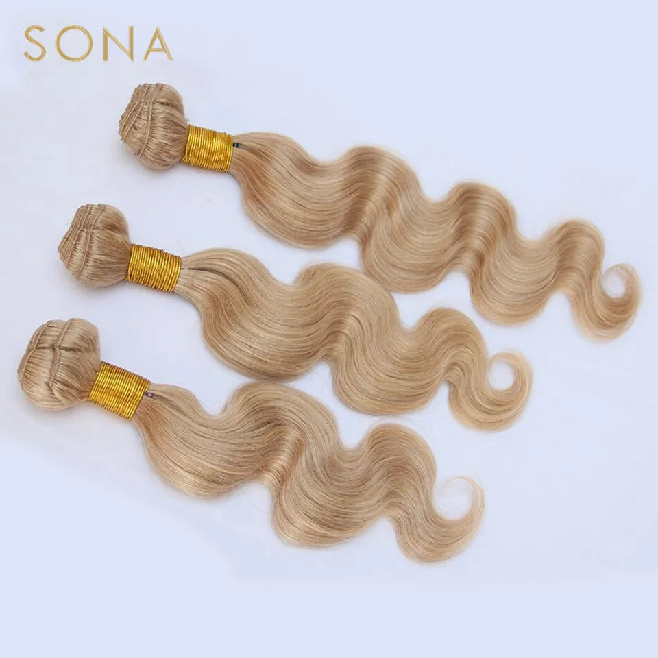 #27 Honey Blonde Hair Weave Bundles Brazilian Body Wave 100% Remy Human Hair Weave 3 Bundles With Frontal And Closure