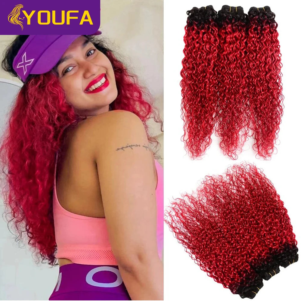 Hot Red Curly 100% Human Hair Bundles For Women 1Pc Lot Brazilian Bouncy Kinky Curly Hair Ombre 1B Red Human Hair Weave Bundles