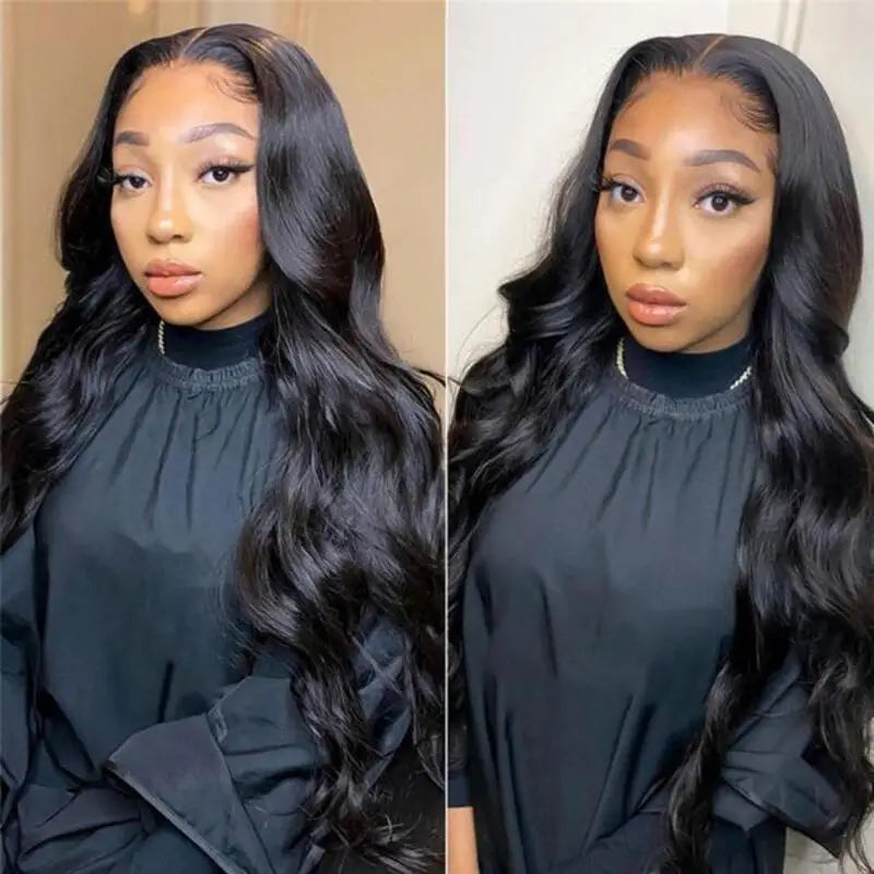 Natural Black Body Wave Remy Human Hair Wigs Lace Front Wig Pre Plucked Hairline 180% Density HD Transparent Lace Frontal Wig