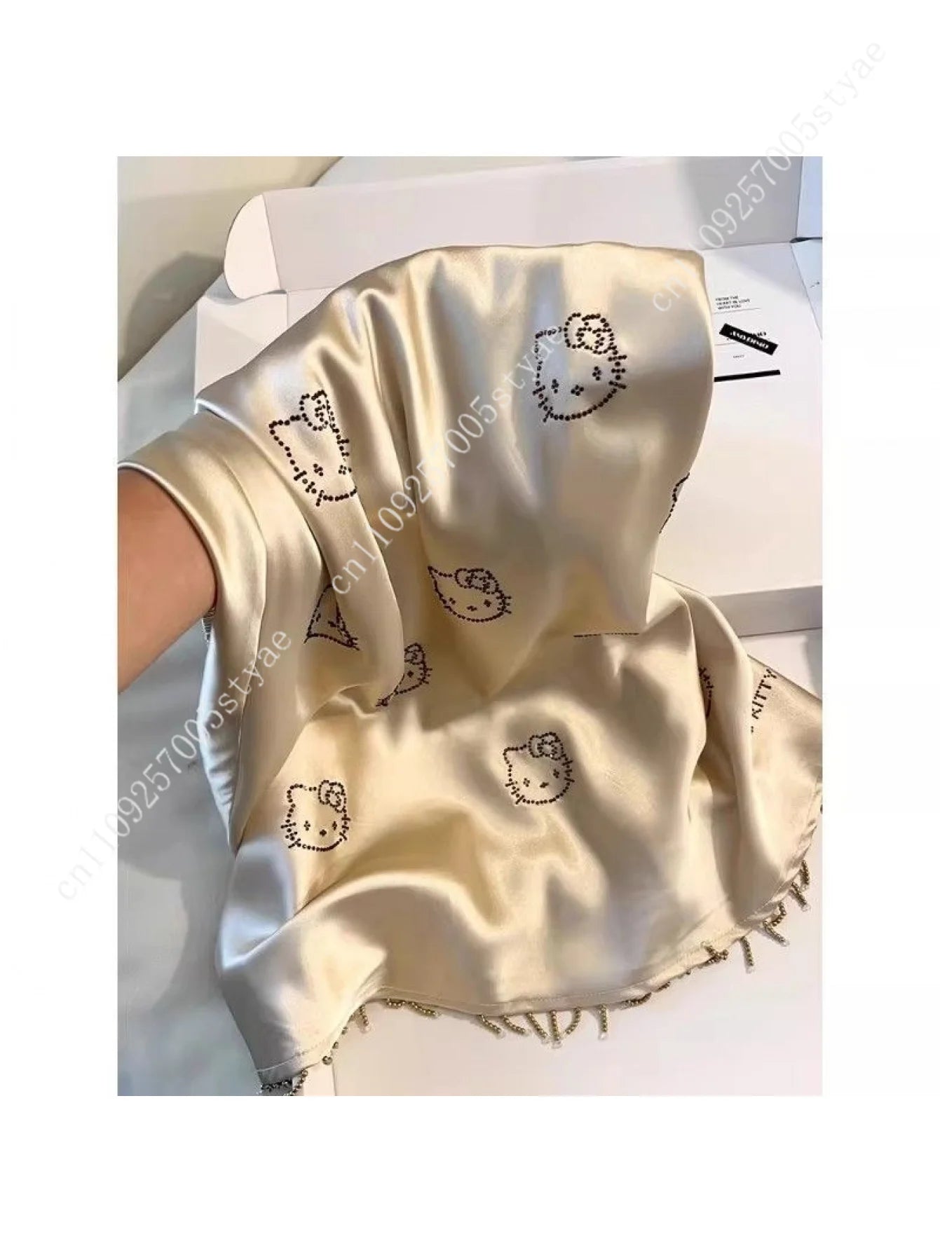 Hello Kitty Champagne Satin Slip Nightgown for Women Cute Print Fringed Hem Sexy Sleep Dress Soft Loungewear for Nightwear