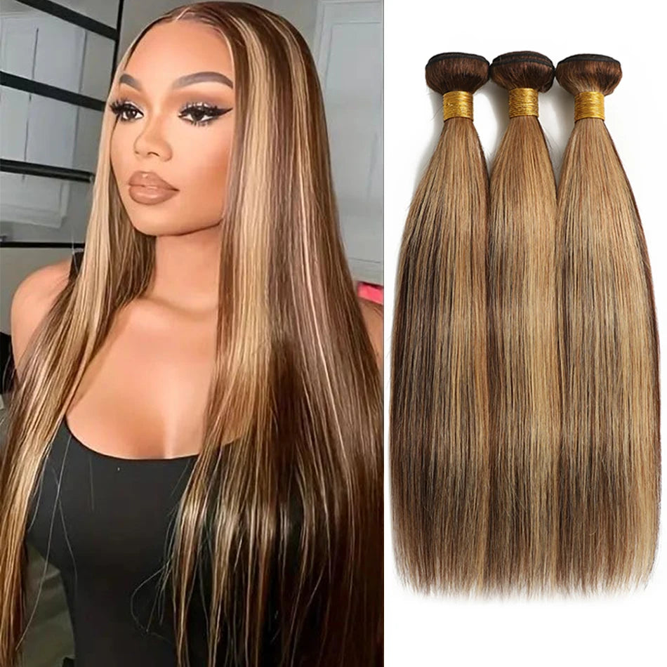 Piano Color Brown Silky Straight Bundles Human Hair Unprocessed Brazilian Virgin Hair Highlight Bone Straight Hair 3/4 Bundles