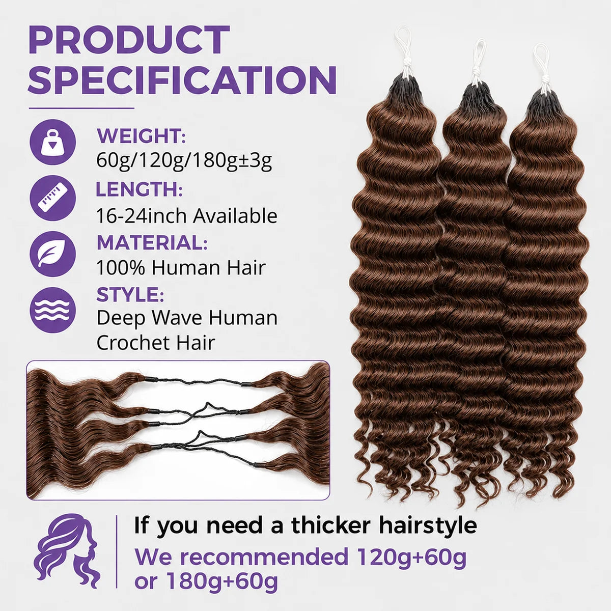 12A Chocolate Brown Deep Wave Burmese Human Hair Crochet Extension Pre Separated Feather Crochet Braiding Hair Knotless Boho Hair For Women