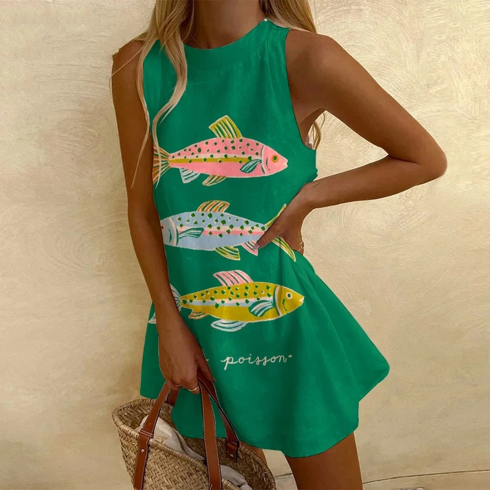 Women's Pineapple Print Sleeveless Dress - Casual Beach Vacation Party Dress for Summer