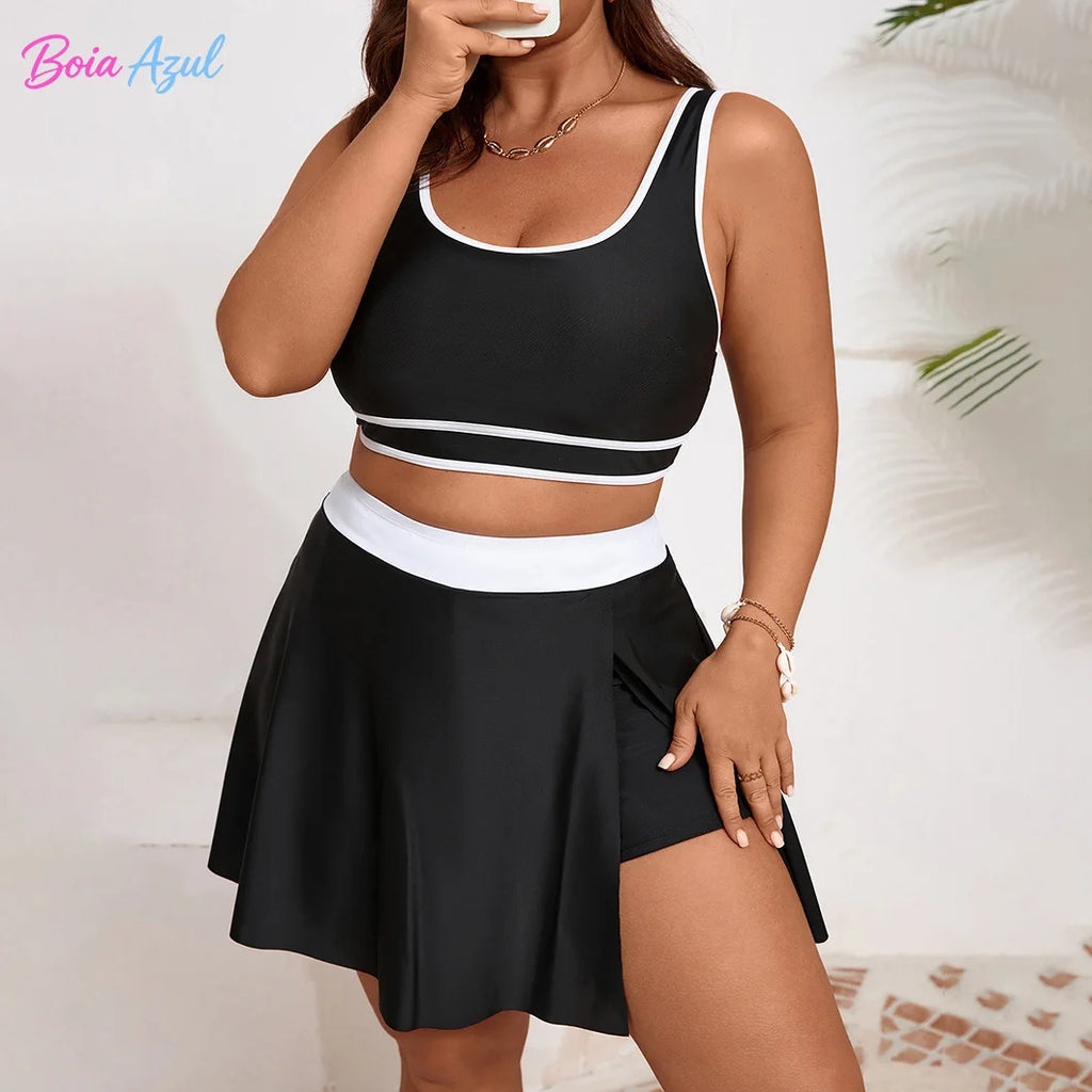 Plus size black and white contrast tankini two-piece swimsuit U-neck dress-style women's beachwear sexy backless swimsuit L-5XL