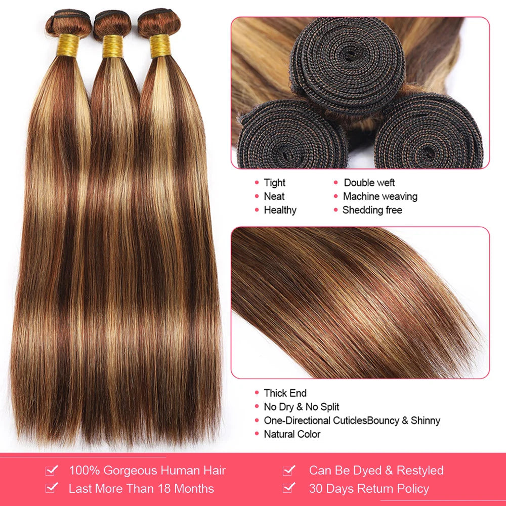 Highlight  P4/27 Straight Bundles Human Hair For Women Brown Blonde Hair Bundles Deal Colored Human Hair Weave Bundles Extension