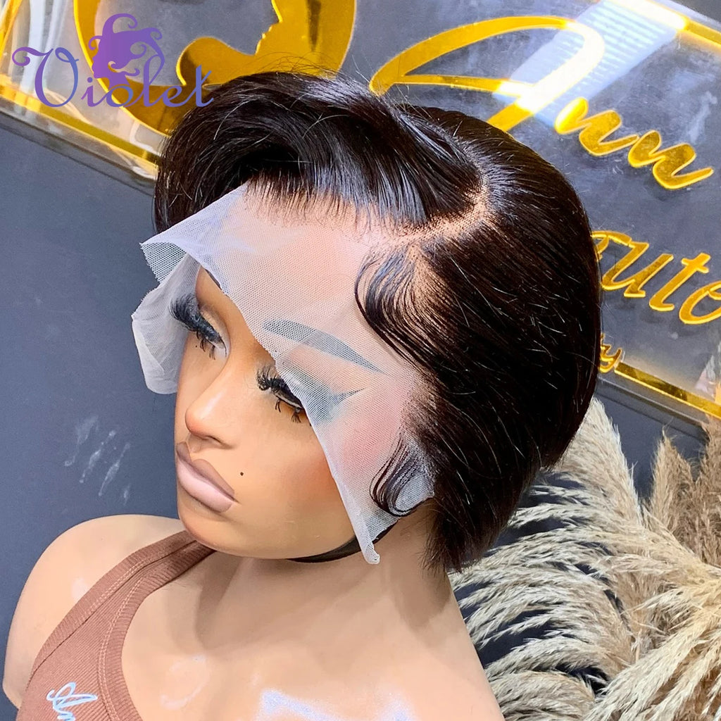 Pixie Cut Wigs For Black Women Human Hair 6 Inch Straight Bob Wigs T Part Lace 13x4 Side Part Transparent Short Lace Front Wigs