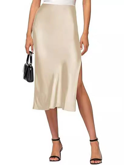 Cross-Border Amazon 2024 European and American Style Slit Satin Skirt Elastic High-Waisted Dress Slimming Fashionable Versatile