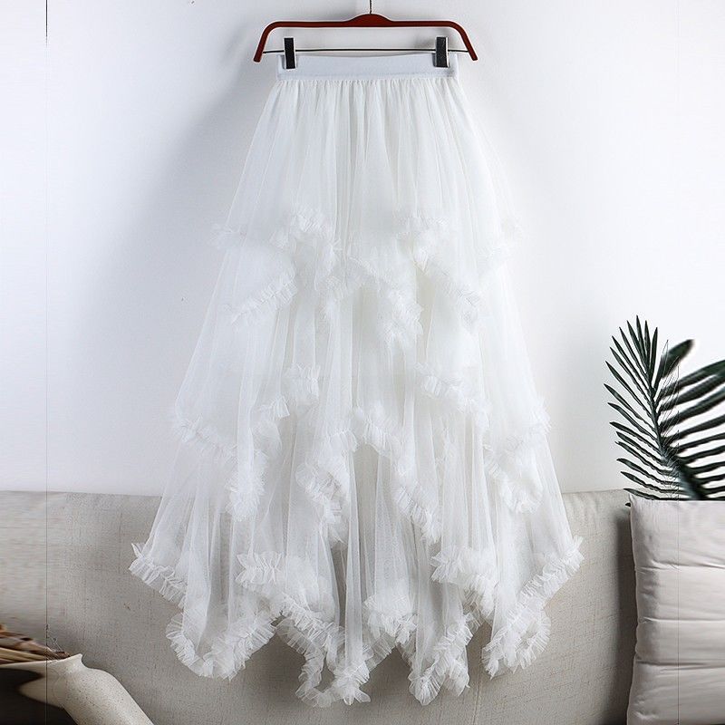Irregular Mesh Cake Skirt with Fungus Edges, Mid-Length High Waist, Large Hem, Fluffy Fairy Gauze Skirt, Long Skirt 1279