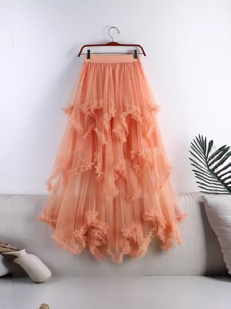 Irregular Mesh Cake Skirt with Fungus Edges, Mid-Length High Waist, Large Hem, Fluffy Fairy Gauze Skirt, Long Skirt 1279