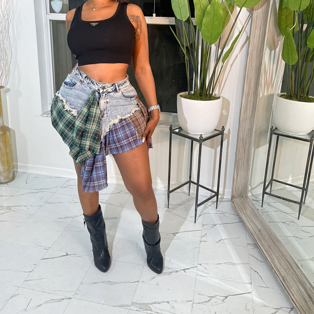 Cross-border New European and American Women's Sexy Irregular Plaid Stitching Denim Skirt Denim Old Skirt Skirt