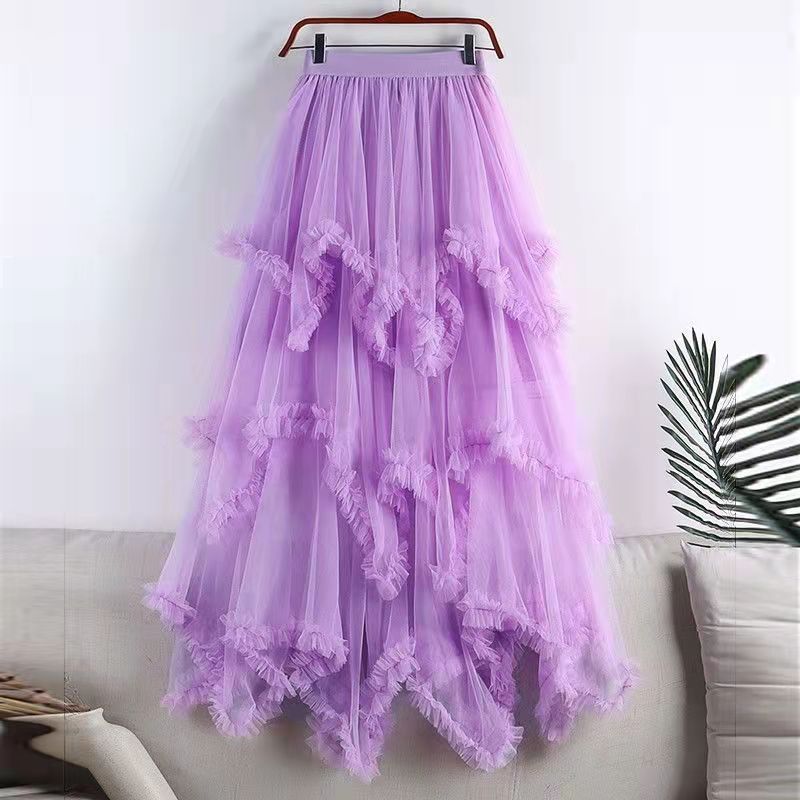 Irregular Mesh Cake Skirt with Fungus Edges, Mid-Length High Waist, Large Hem, Fluffy Fairy Gauze Skirt, Long Skirt 1279
