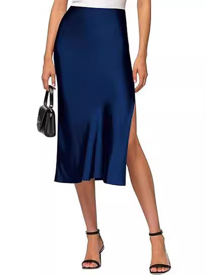 Cross-Border Amazon 2024 European and American Style Slit Satin Skirt Elastic High-Waisted Dress Slimming Fashionable Versatile