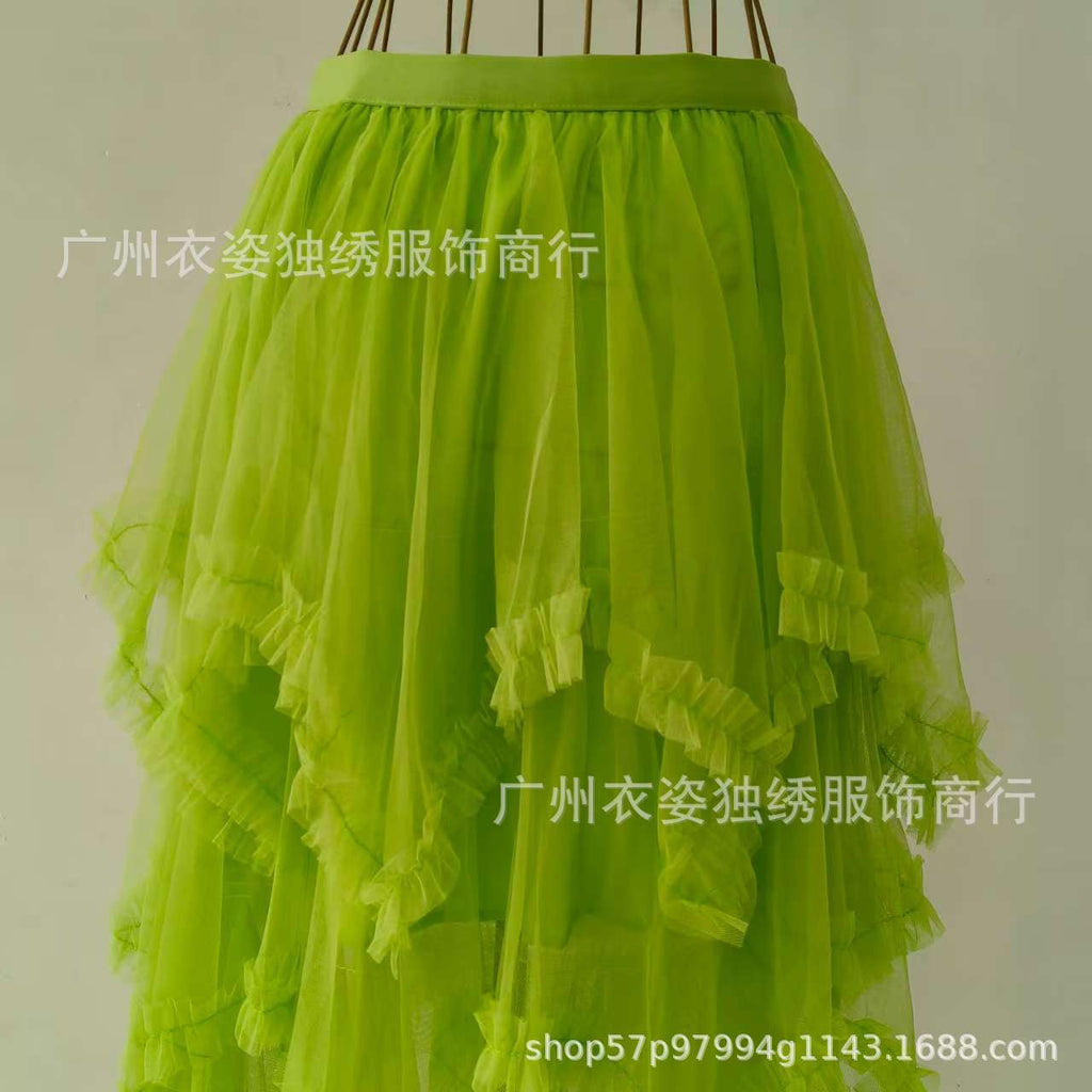 Irregular Mesh Cake Skirt with Fungus Edges, Mid-Length High Waist, Large Hem, Fluffy Fairy Gauze Skirt, Long Skirt 1279